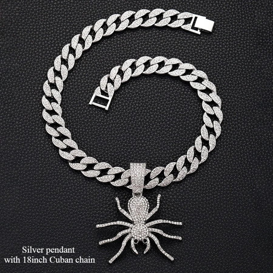 Bold Hip Hop Cuban Chain Necklace with Spider Pendant – Trendy Men's Gothic Jewelry, Punk Streetwear Accessory