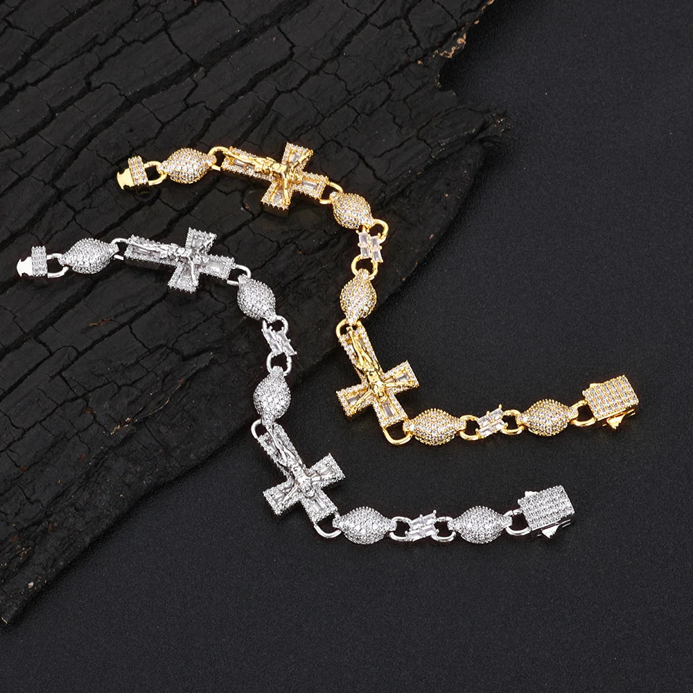 Two-Tone Cross Cuban Bracelet Iced Out Baguette