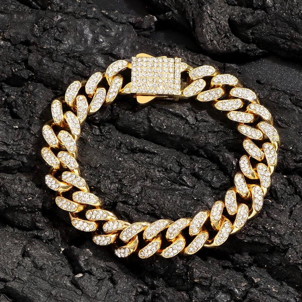 Luxury Iced Out Cuban Chain Bracelet for Men Women, Gold Color Rhinestone Link Wristband, Hip Hop Street Jewelry Gift