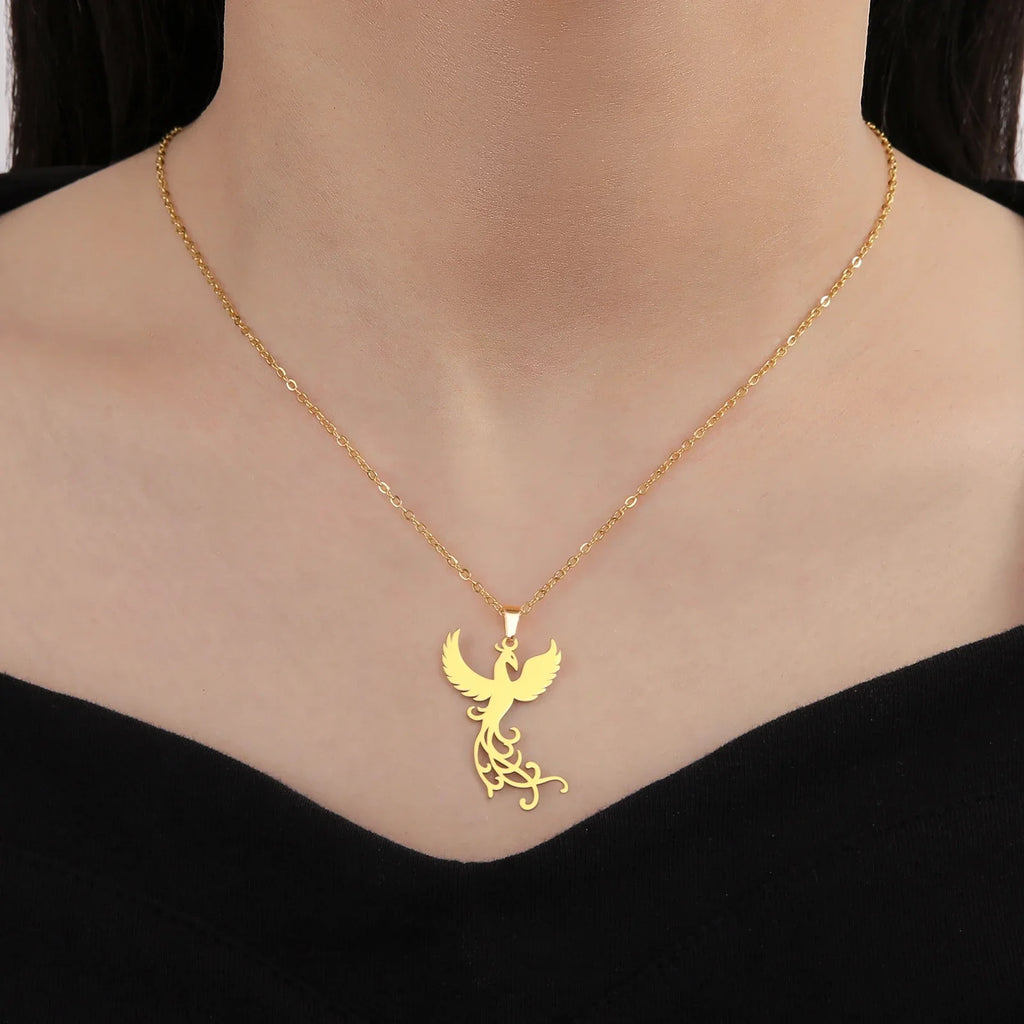 Phoenix Necklace Gift for Woman Men Couple Kid Child Reborn God Bird Supernatural Amulet Pendant Stainless Steel Chain