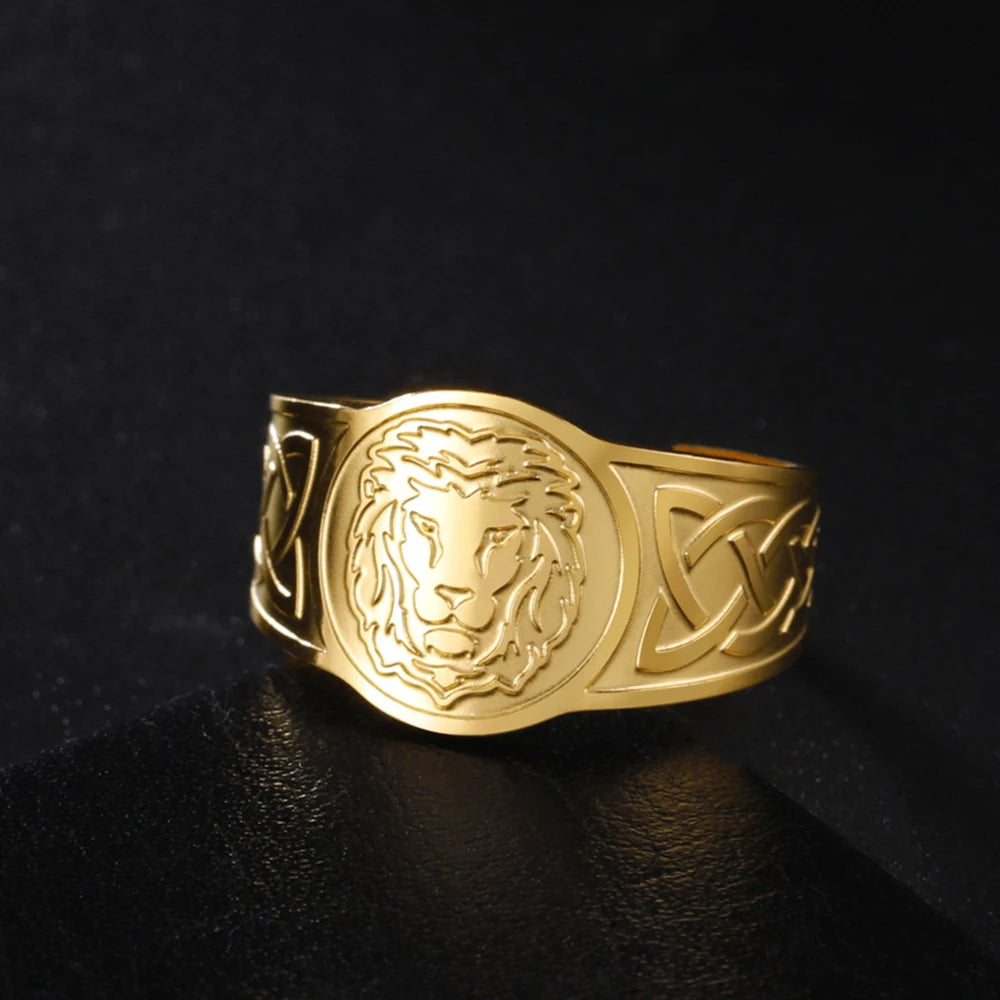 My Shape Lion Rings for Men Punk Celtics Knot Animals Resizable Stainless Steel Finger Ring Nordic Vintage Jewelry