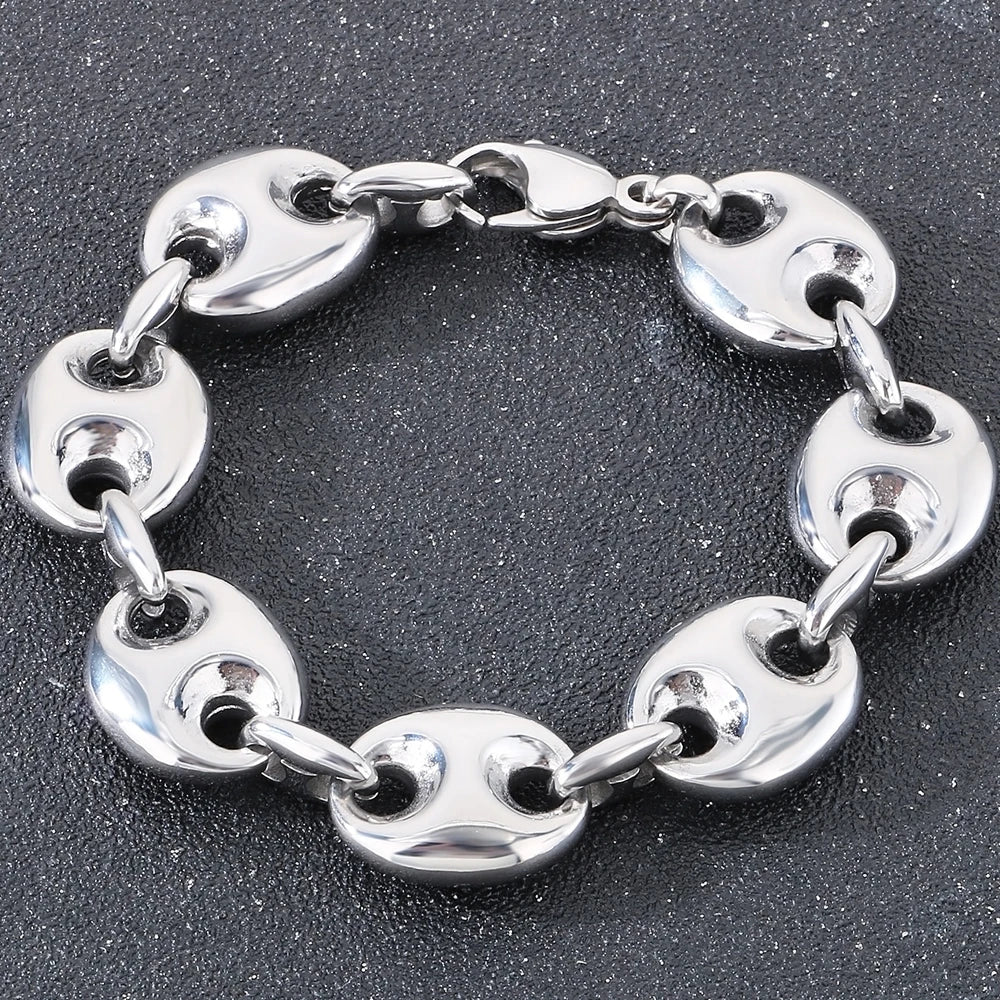 Luxury Gold Color Man Bracelets for Men 316L Stainless Steel 19MM Width Coffee Bean Style Chain Men's Bracelets