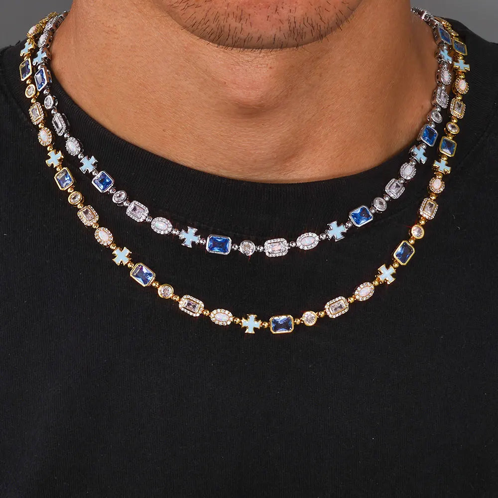 Cross Chain Necklace Iced Out Colorful Gemstone