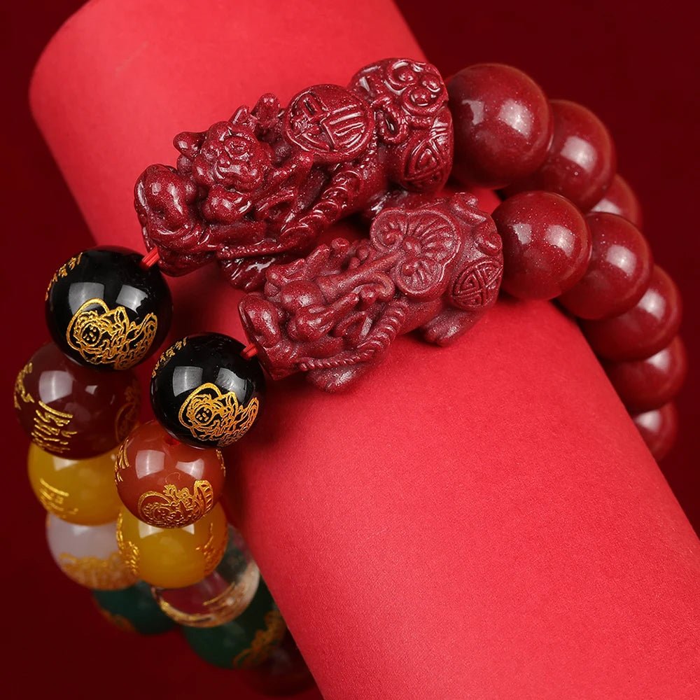 Good Luck FengShui Geomancy Man Bracelet PiXiu God of Wealth Fortune Men's Bracelets 12/14MM Cinnabar Beads Accessories
