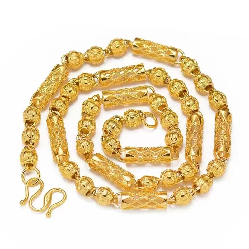 9999 24K real gold hollow men's necklace M-shaped buckle men's chain boutique open cylindrical necklace lantern beads