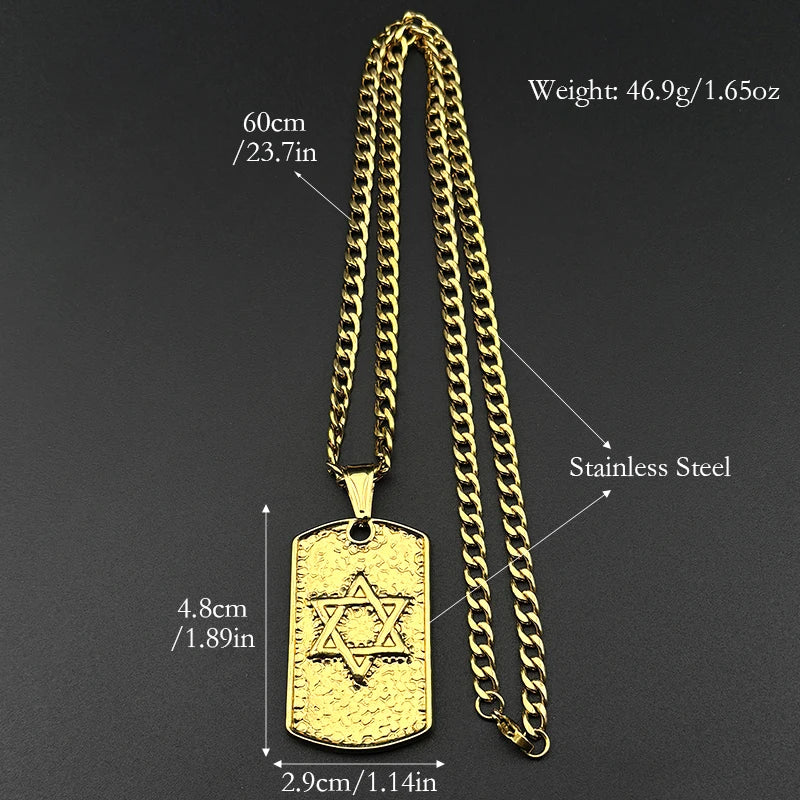 Hebrew Star of David Dog Tag Pendant Necklace for Women Men Stainless Steel Gold Silver Color Jewish Hip Hop Chain