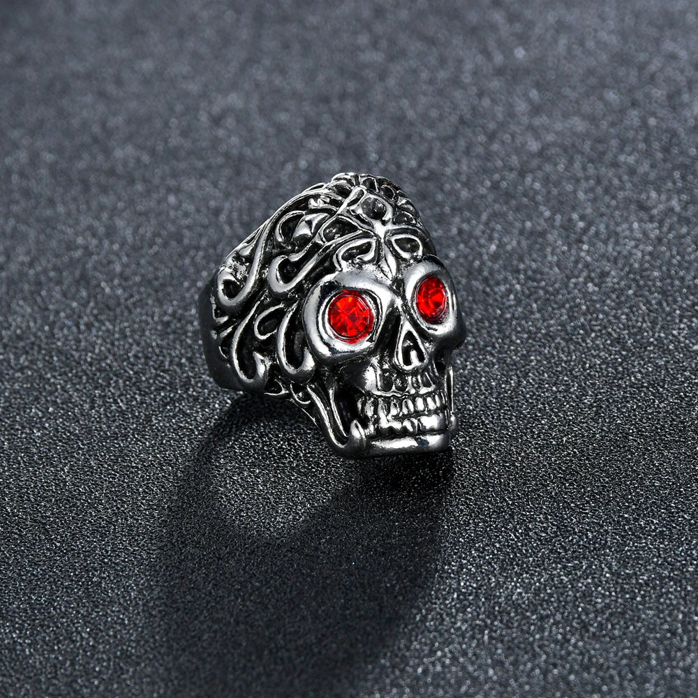 Santa Muerte Sugar Skull Red Eyes Ring for Men — Silver-Tone
