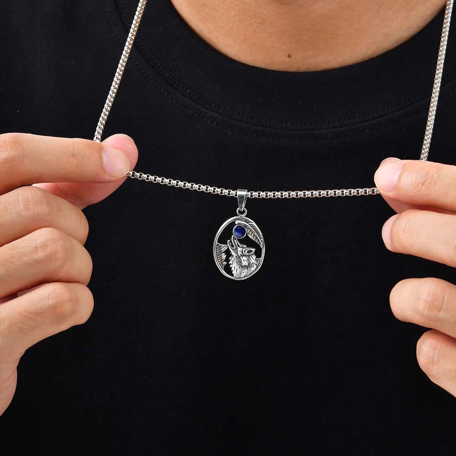 Wolf Head Stone Pendant Necklace — Stainless Steel