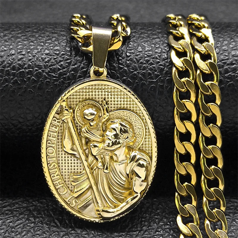 ST.Christopher Protect Us Medal Men's Necklace Saint Christopher Stainless Steel Gold Plated Religious Necklaces