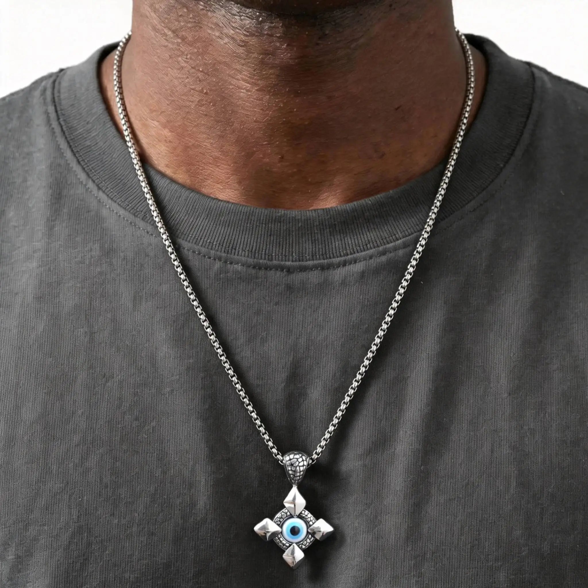 Evil Eye Geometric Pendant Necklace — Stainless Steel