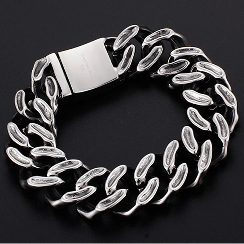 Personalized Skull Bracelet Men‘s Punk Chunky Stainless Steel Accessories Polished Gold Color Cuban Chain Trendy Jewelry