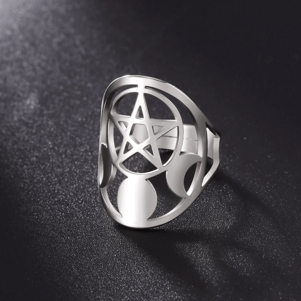 Moon Phase Pentagram Adjustable Ring — Stainless Steel