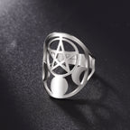 Moon Phase Pentagram Adjustable Ring — Stainless Steel