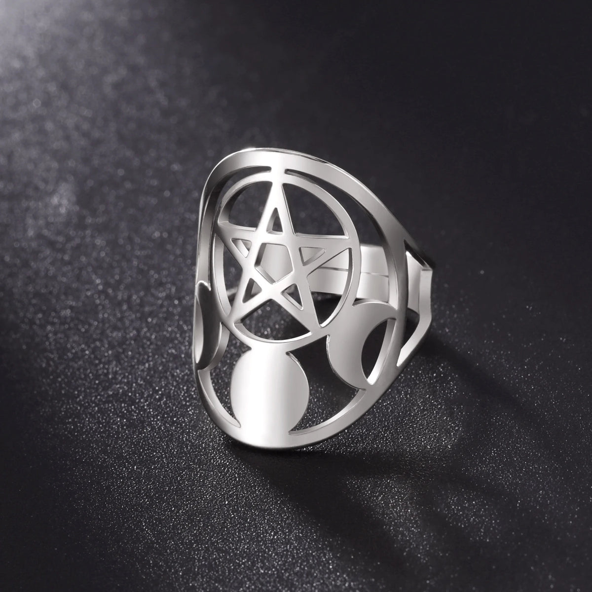 Moon Phase Pentagram Adjustable Ring — Stainless Steel