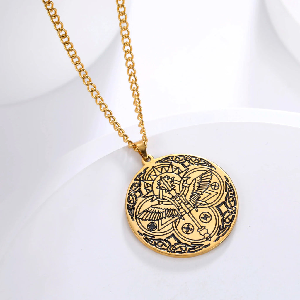 Archangel Raphael Winged Medallion Necklace — Stainless Steel