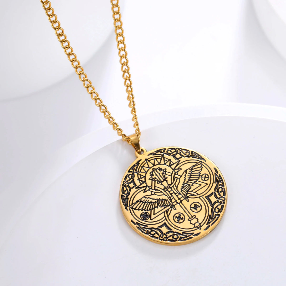 Archangel Raphael Winged Medallion Necklace — Stainless Steel