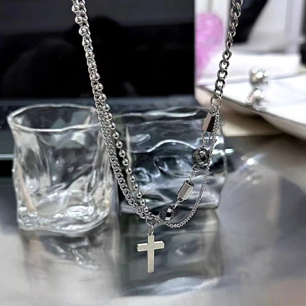 Cross Beads Chain Pendant Necklace — Stainless Steel