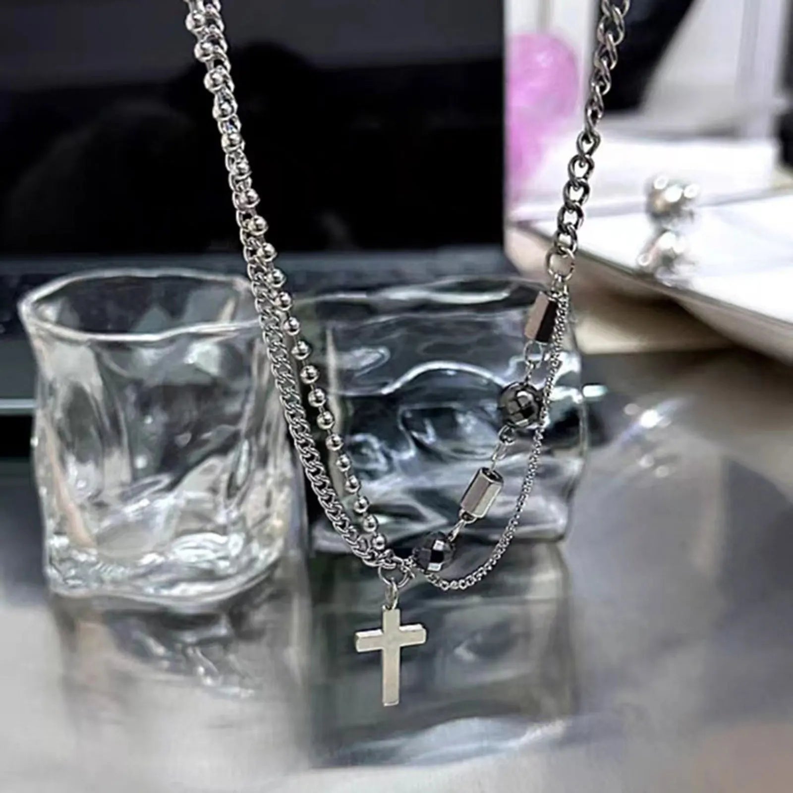 Cross Beads Chain Pendant Necklace — Stainless Steel