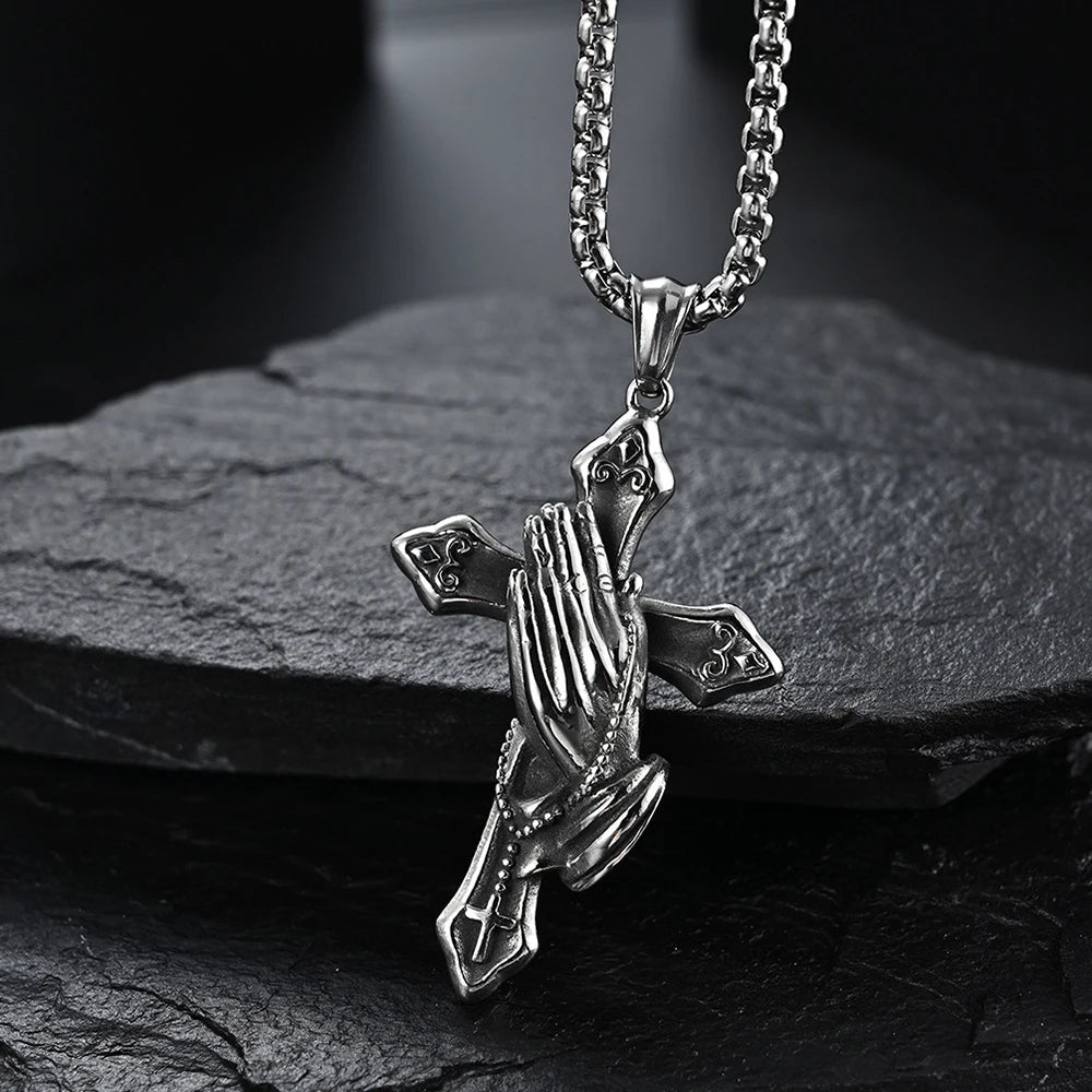 Stainless Steel Cross Praying Hands Pendant Necklace