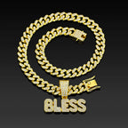 Iced Out BLESS Letter Pendant Necklace — 13mm Cuban Chain