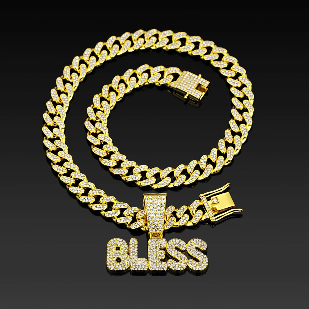 Iced Out BLESS Letter Pendant Necklace — 13mm Cuban Chain