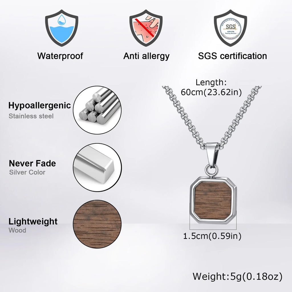 Trend Wood Square Necklace for Men,Brown Color Stainless Steel Rectangle Pendant Necklaces with Box Chain,50/55/60CM