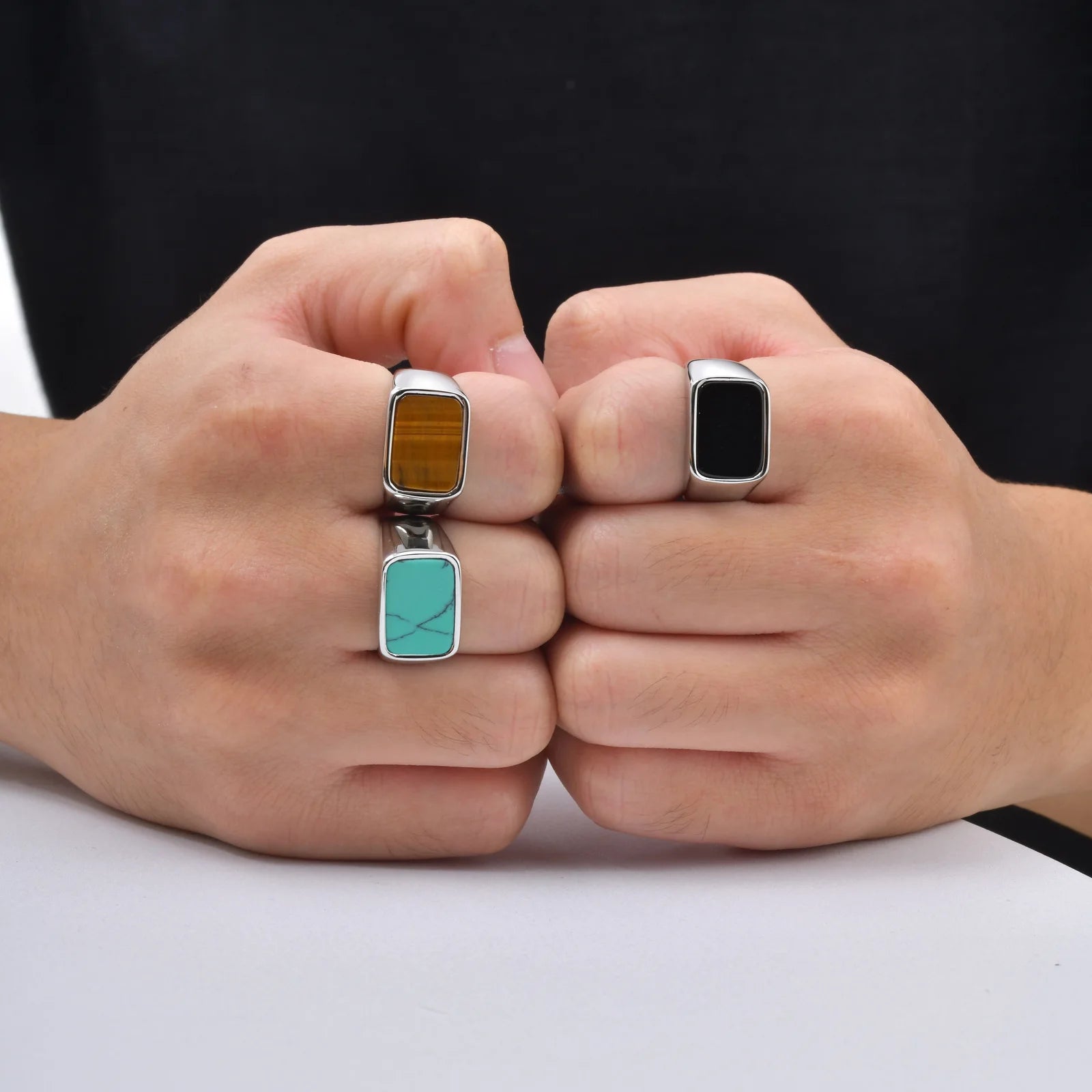 Vnox Stainless Steel Square Natural Stone Ring for Men Boys, Turquoise Tiger Eye Thumb Rings for Men, 12.8mm Width Signet Ring