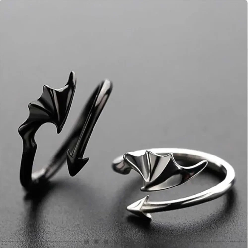Gothic Angel & Devil Wings Open Ring — Vampire, Black & Silver