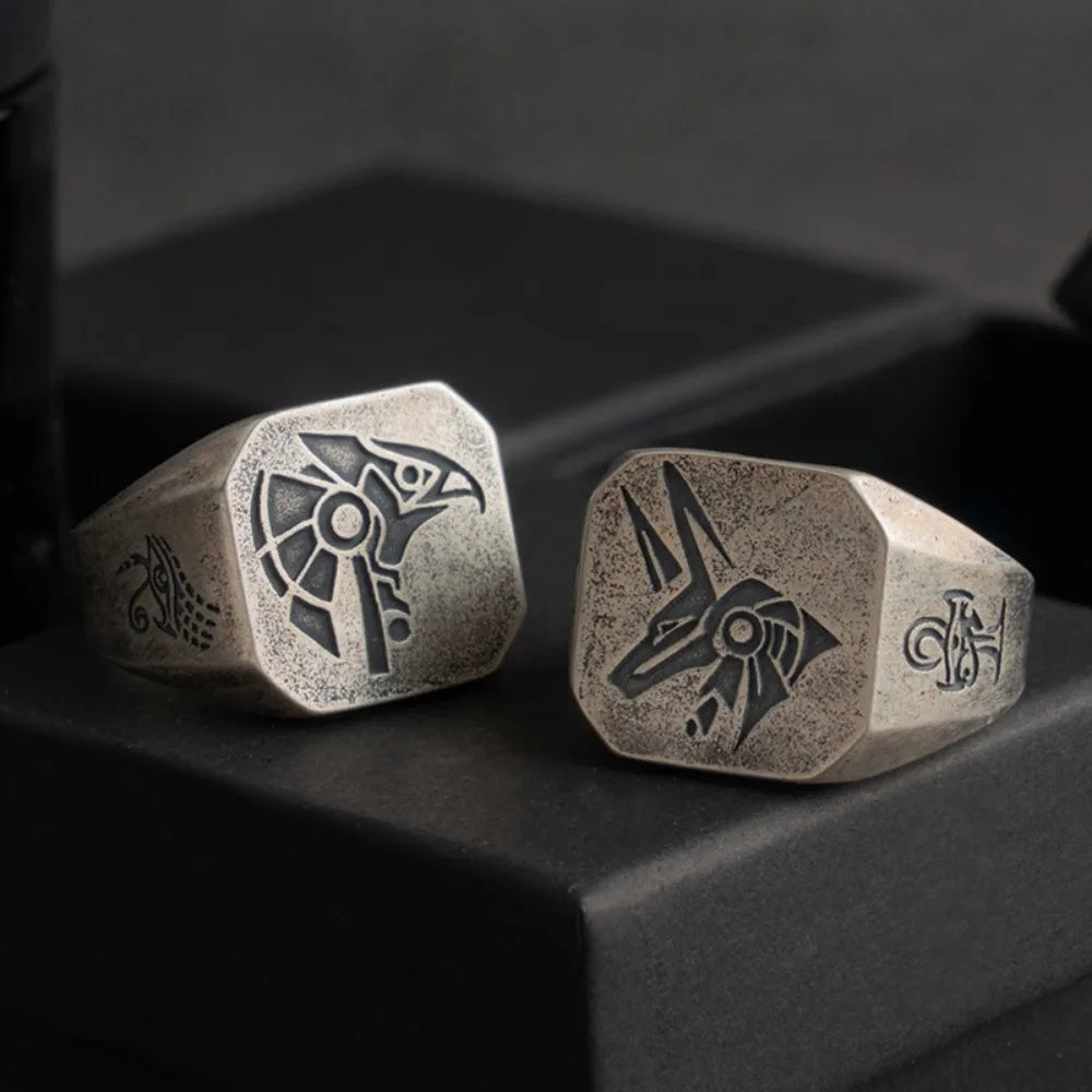 New Vintage Fashion Trend Ancient Egyptian Gods Eye of Horus Death Anubis Graphic Ring Men's Open Adjustable Ring
