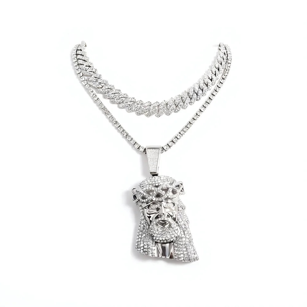 Stylish 3D Jesus Pendant Necklace - Hip Hop Inspired with Layered Cuban & Tennis Chains, Rhinestone Accents,Fashion