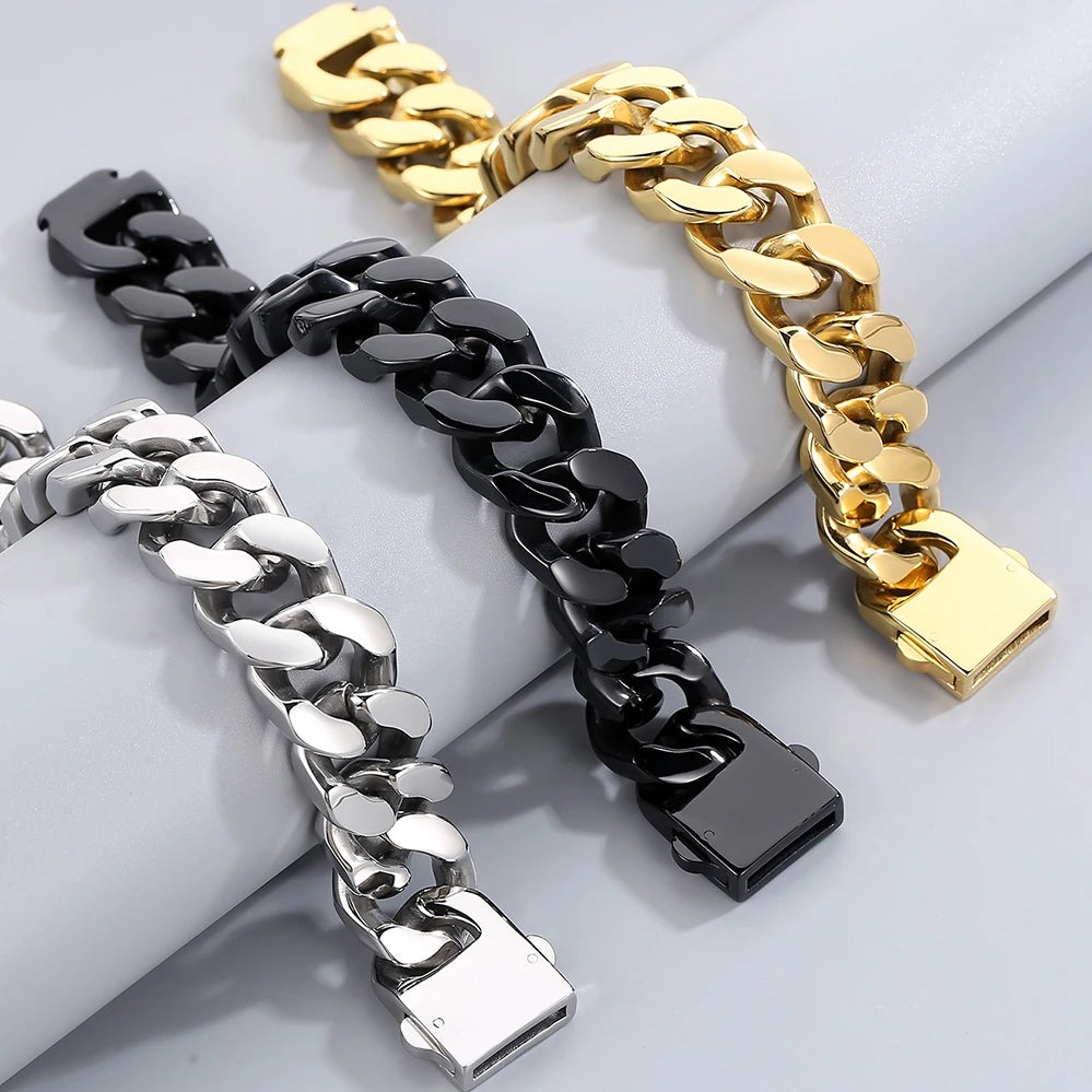 Massive Black Chunky Curb Cuban Chain Bracelet for Man Polished Stainless Steel Durable Jewelry Gifts for Men Trendy