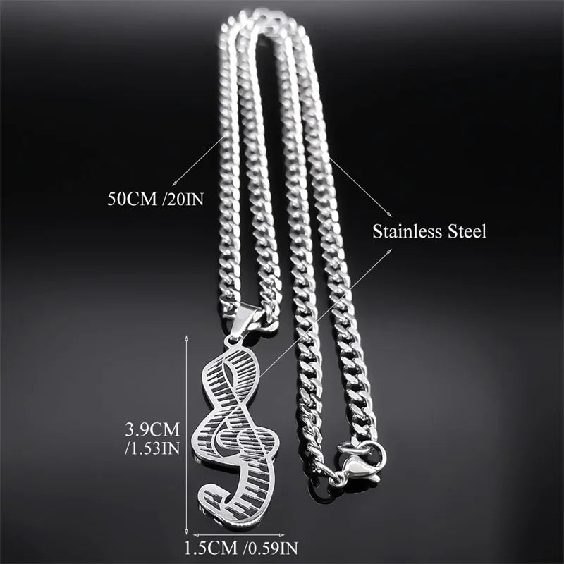 Piano Note Silver Pendant Necklace — Stainless Steel