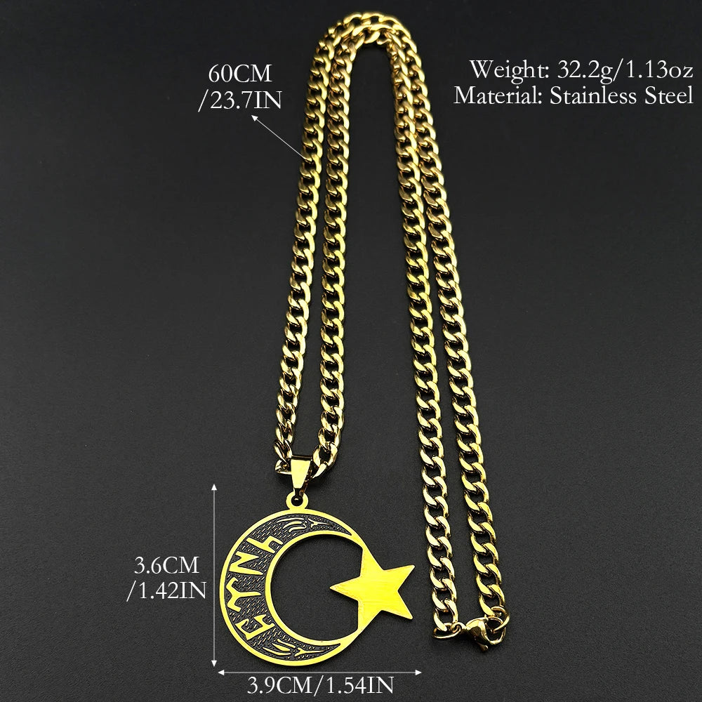 Muslim Islam Black Enamel Moon Star Stainless Steel Pendant Necklace for Women Men Gold Color Hebrew Hip Hop Chain Jewelry Gift