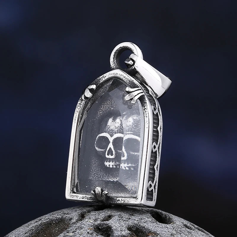 Skull Glass Pendant Necklace — Stainless Steel