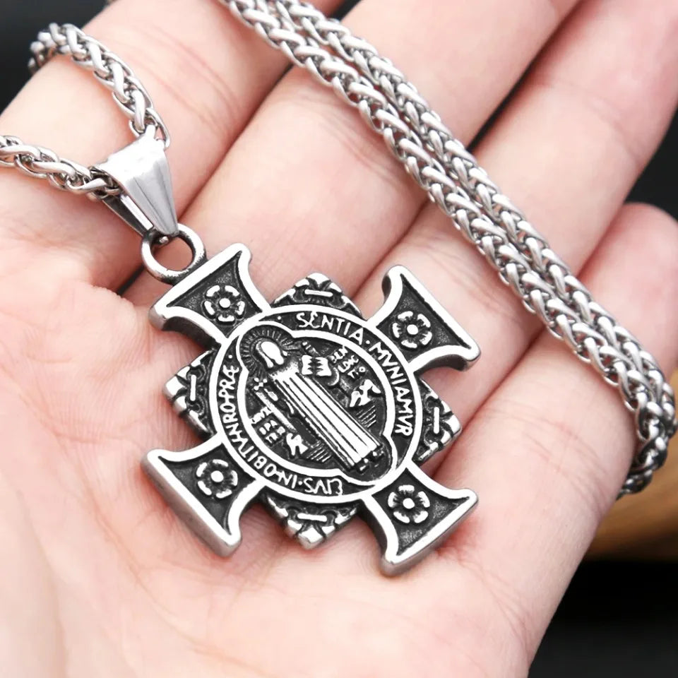 Vintage Stainless Steel Saint Benedict Exorcist Pendant Necklaces For Men Women Fashion Religious Amulet Jewelry