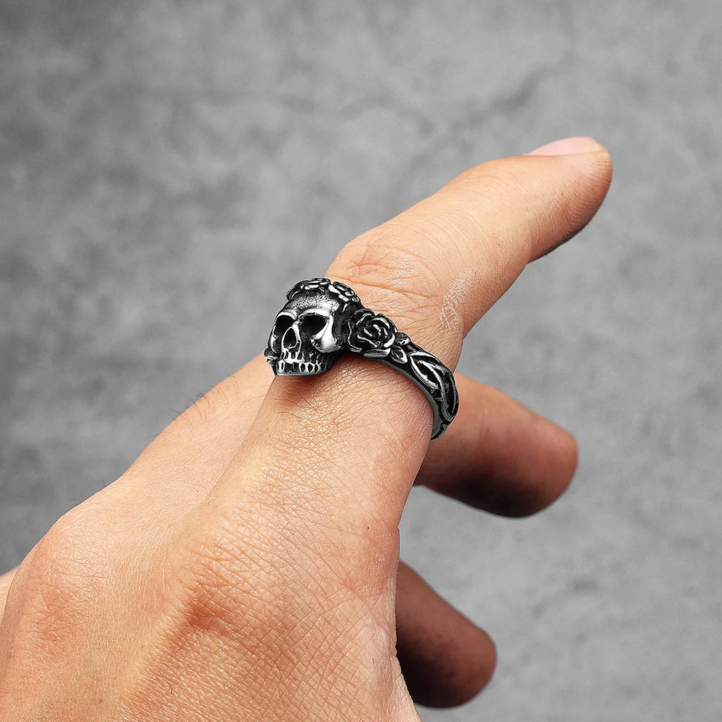 Rose Skull Ring Black — Stainless Steel