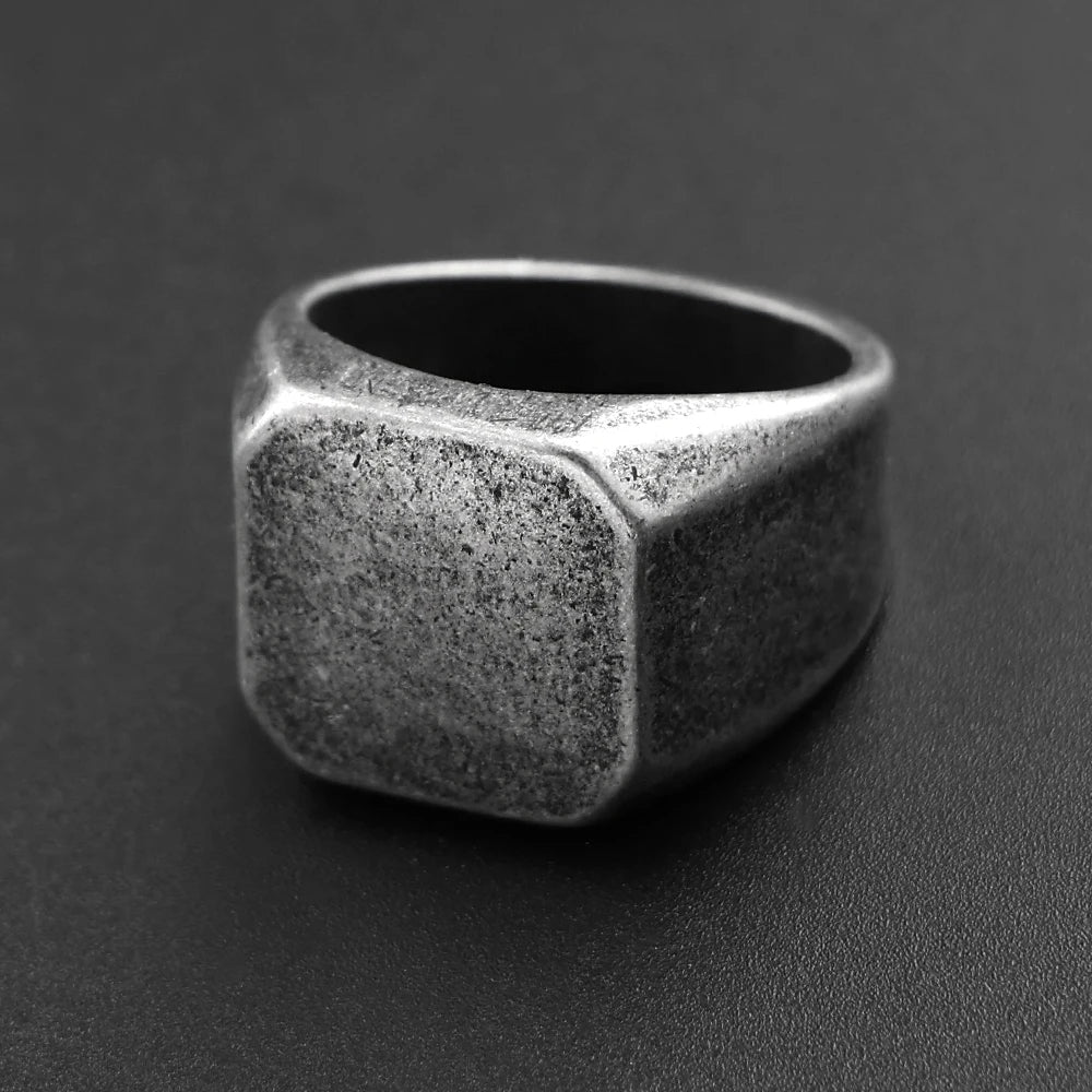 Vintage Polished Square Signet Ring — Stainless Steel