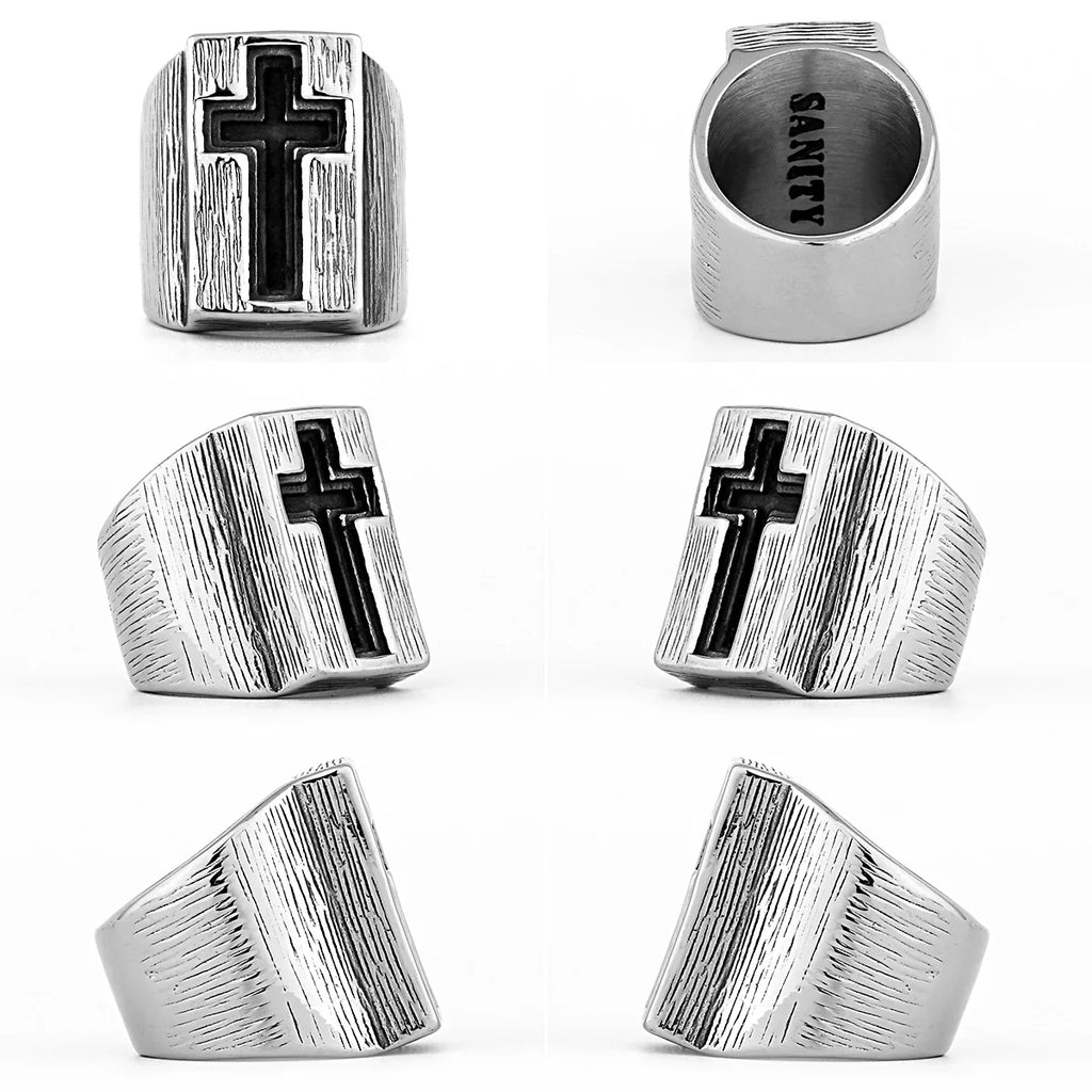 Brushed Engraved Cross Ring — Stainless Steel