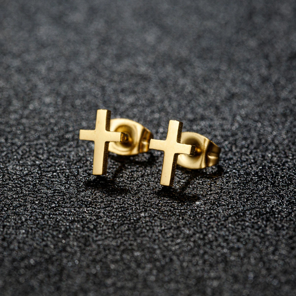 Small Gold Cross Stud Earrings Christian Amulet — Stainless Steel