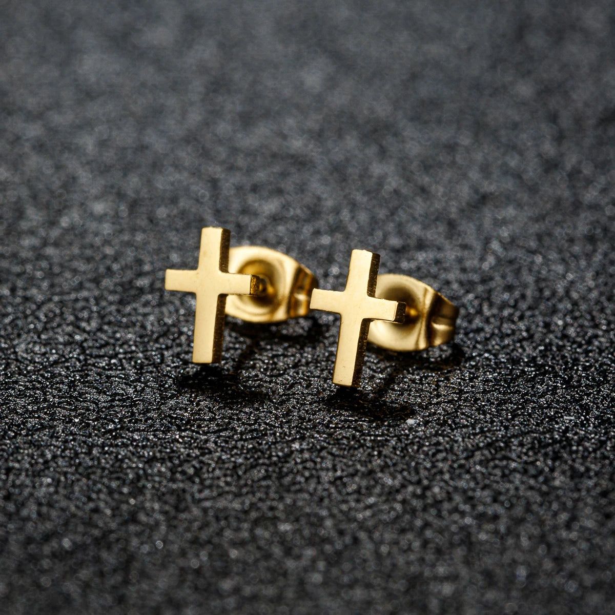 Small Gold Cross Stud Earrings Christian Amulet — Stainless Steel