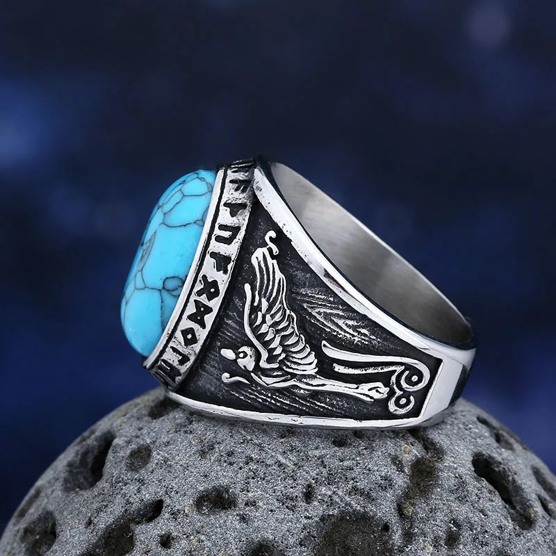 Viking Odin Wolf Rune Ring, Blue Stone — Stainless Steel