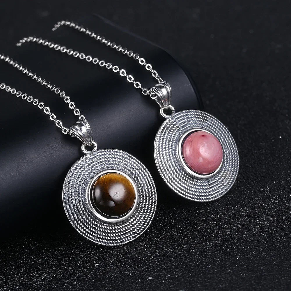 10MM Stone Round Pendant Necklace Silver High Quality Natural Tiger Eye Rhodochrosite Wedding Gift Luxury Jewelry