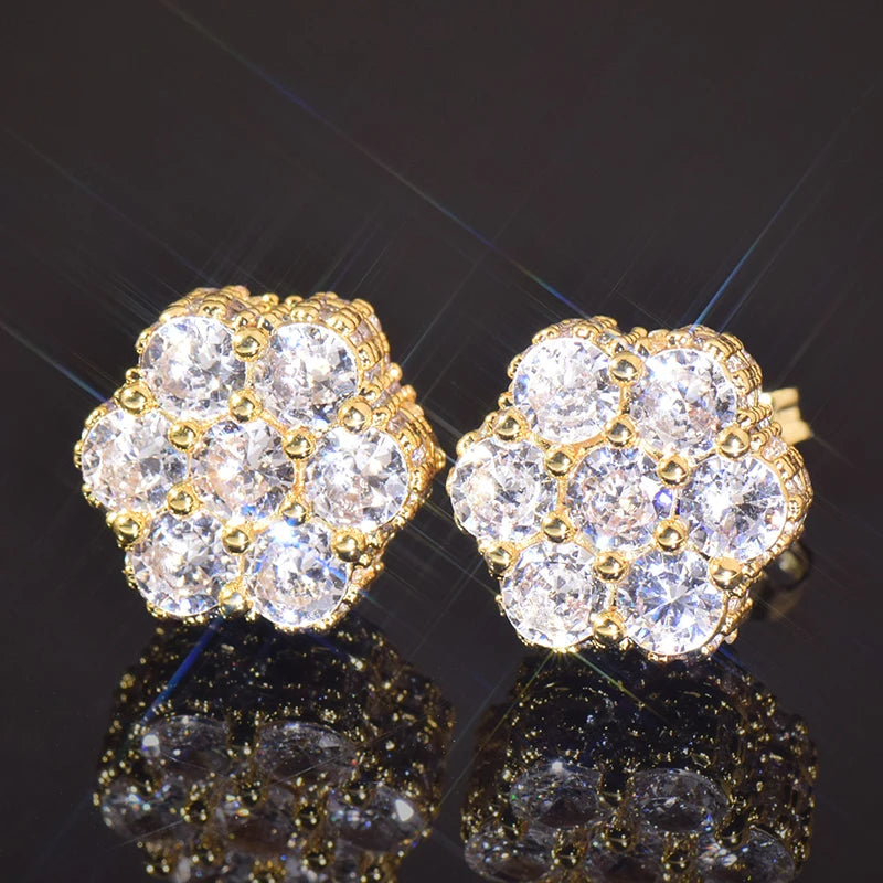 Hip Hop Claw Setting 5A+ Cubic Zirconia Bling Ice Out Stud Earring Male Flower CZ Earrings for Men Rapper Jewelry Gold