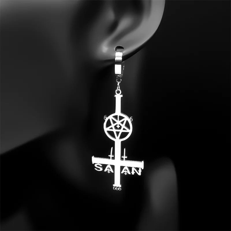 Cross Silver Earrings Satan Inverted Pentagram