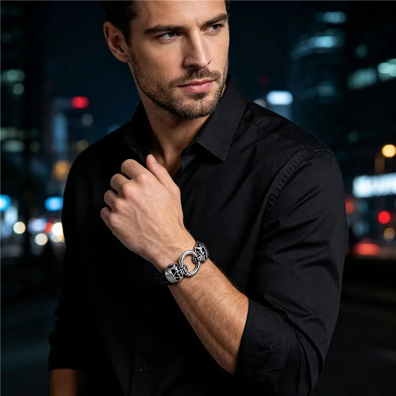 Gothic Double Skull Black Band Bracelet — Stainless Steel