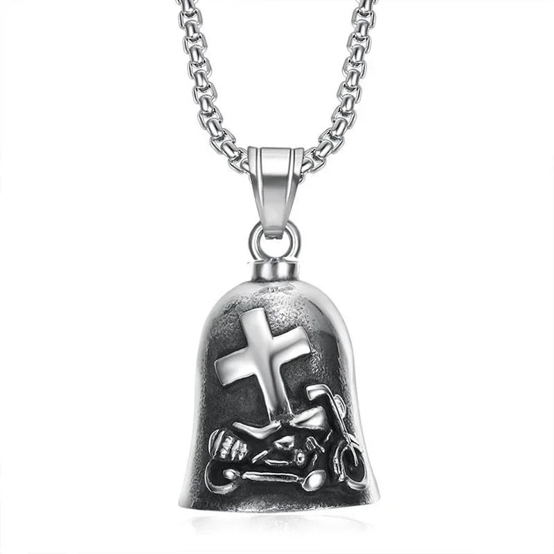 Pirate Skull Moto Bell Pendant Necklace — Gothic Motorcycle Rider