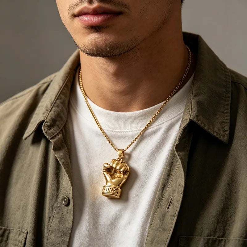 Vintage Stainless Steel Fist Hand Pendant Necklace for Men Punk Rock Sports Party Jewelry Statement Anniversary Gifts