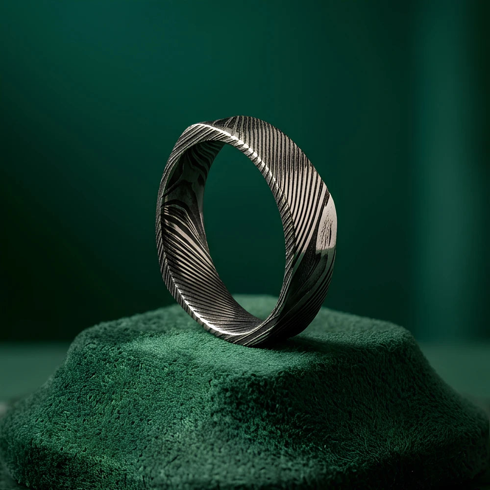 Men's 6mm Square Damascus Steel Ring Unique Geometric Design Wedding Band Minimalist Fashion Jewelry