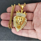 Iced Out Crown Lion King Pendant — Two-Tone