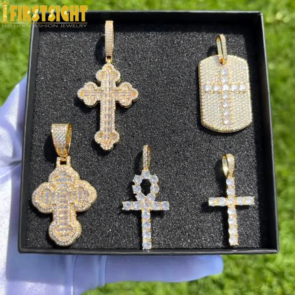 2025 New Hip Hop Cross Pendant Necklace Gold Color Iced Out Bling CZ Cubic Zirconia Variety Designs Charm Men Women Jewelry